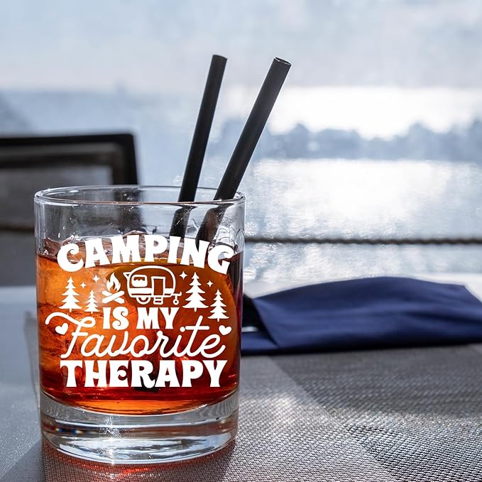 Camping Lovers Gifts Old Fashioned Whiskey Glasses, Rv Camper Gifts, Camping is My Favorite Therapy 10 oz Rocks Barware Cup for Cocktail Drinks Scotch Bourbon Liquor