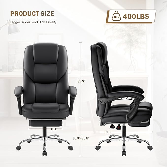 Furmax Executive Office Chair with Foot Rest Big and Tall Office Chair Ergonomic Home Office Desk Chairs Reclining High Back Leather Chair with Lumbar Support, 400LBS (Black)