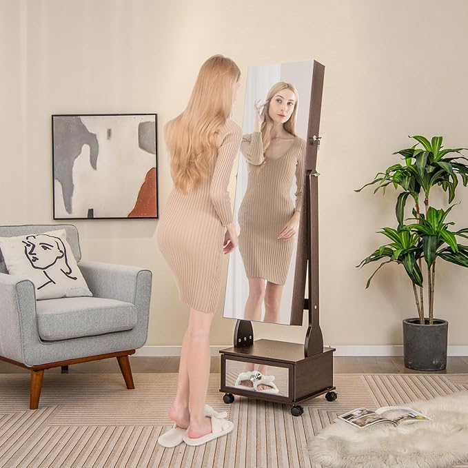 GOFLAME Standing Jewelry Cabinet Armoire with Wheels, Lockable Jewelry Storage Organizer with Full Length Mirror, 3-Color LED Lights, Interior Makeup Mirror, Jewelry Armoire for Bedroom (Brown)