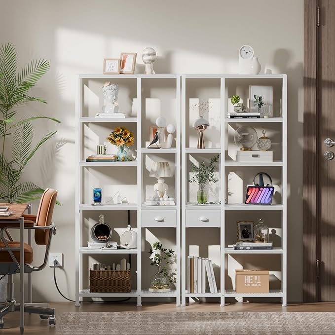 Furologee Bookshelf with USB Ports and Outlets, Shelf with Drawer, Mordern Display Shelves with Charging Station, 6 Tier Storage Shelves for Bedroom, Living Room, Home Office, White