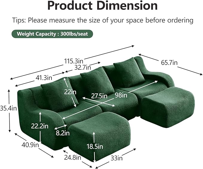 Green U-Shaped Cloud Couch with 2 Ottomans, Modern Teddy Fabric Boneless Sectional Sofa in a Box for Living Room, Modular Floor Couch, Deep Seat, No Assembly Required, Sofas para Sala