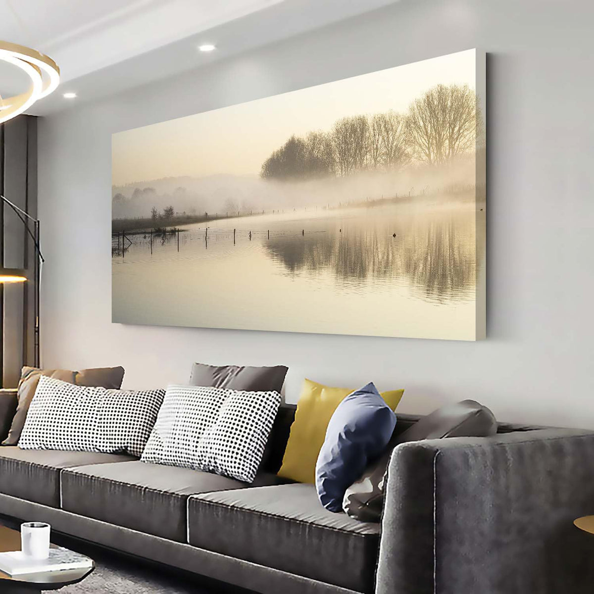 TEKMENT Beige Lake landscape Wall Art for Bedroom Canvas Painting Prints Beautiful Woods Morning Mist Fishing Nets Warm Yellow Art Deco Nature Artwork Office Family Decor
