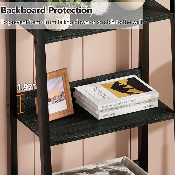 Furologee Ladder Shelf, Book Shelf with Drawer, 5 Tier Bookshelf, Industrial Display Open Bookcase Storage Shelves for Books, CDs, Photos, Black Shelving Unit for Home Office, Living Room