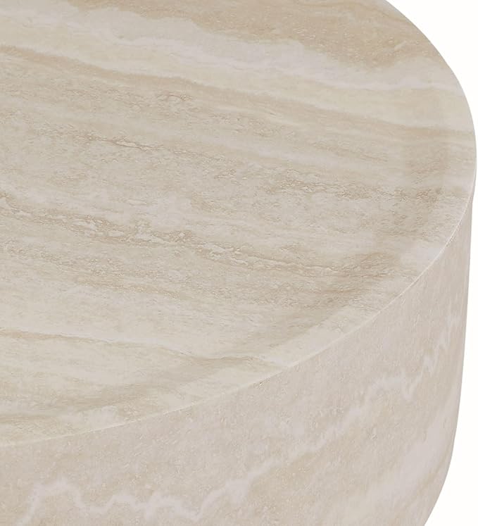 Round Coffee Table 35.43'' Marble Pattern Drum Shaped Coffee Table Fiberglass Cocktail Table Center Table for Living Room ome Office, Fully Assembled, White