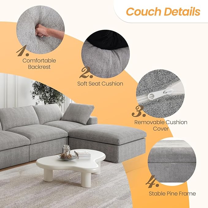 JACH L-Shaped Cloud Sectional Sofa for Living Room, Modular Convertible Sofa, Modern Comfy Couch, Covers Removable, Ottomans with Storage, Cloud Couch Furniture for Living Room Apartment (Grey)