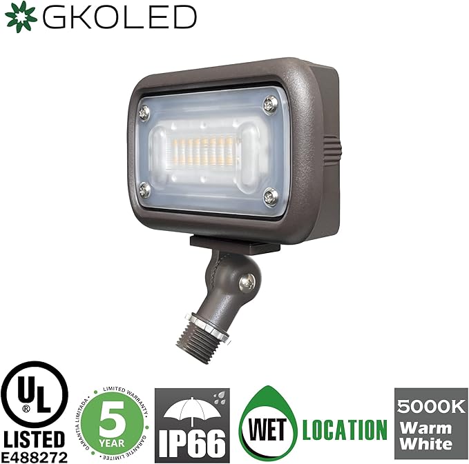 GKOLED 15W LED Floodlight, Outdoor Security Fixture, 1500 Lumens, 50W MH Equivalent, 5000K Daylight White, 120-277V, UL-Listed (2 Pack)