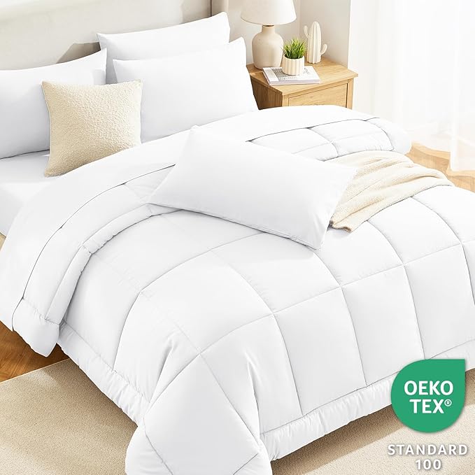 CozyLux King Size Comforter Set White, 7 Pieces Bed in a Bag, White Comforter King Size, All Season Bedding Sets with Stitch Quilted Comforter, Flat Sheet, Fitted Sheet, Pillowcases