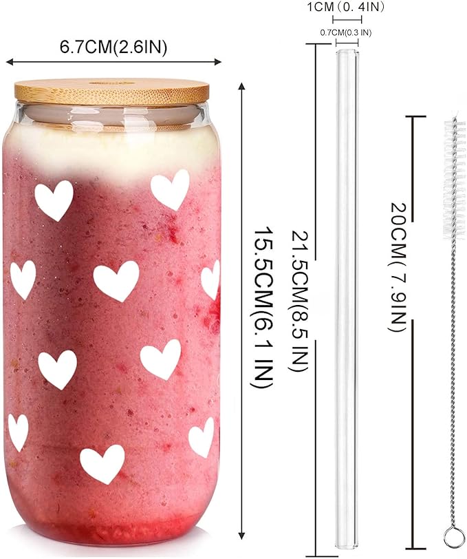 Mason Life Iced Coffee Cups, Can Shaped Glass Cups, 20 OZ Hearts Cup Beer Glass, Love Can Couple Drinking Glasses, Glass Cup with Bamboo Lids and Straws Valentines Cups Gifts- 2 Sets