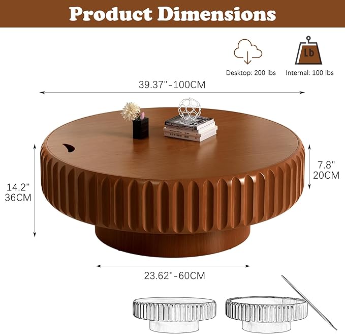 Round Coffee Table with Storage for Living Room, Handcraft Fluted Drum Coffee Table Modern Circle Wooden Coffee Table Cocktail Table for Home Office Apartment (Brown 39.37")