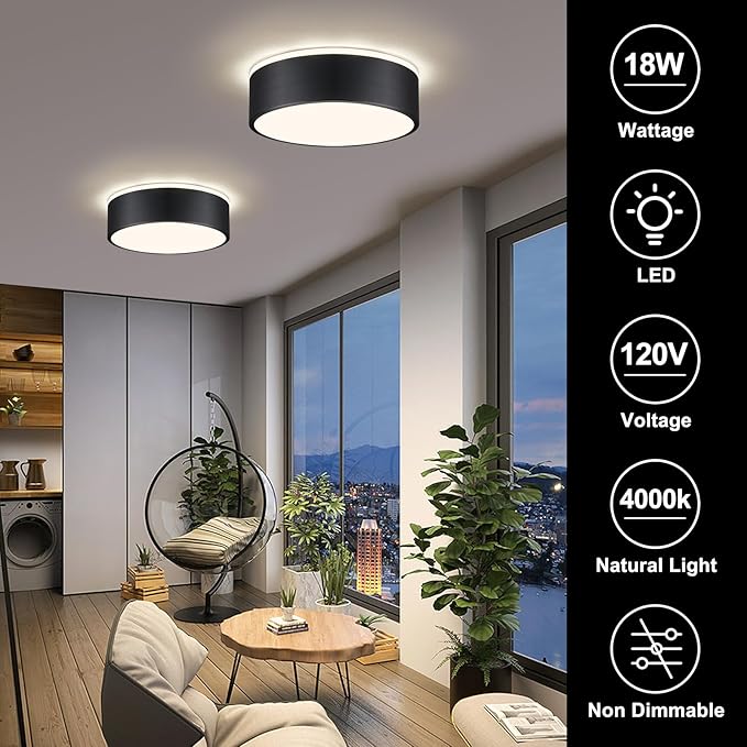Vikaey Black LED Ceiling Light, Modern Flush Mount Ceiling Light Fixture, Not Dimmable Minimalist Round Metal Lighting Fixture Ceiling Lamp for Hallway, Entryway, Bedroom, Balcony, 11.81 Inch