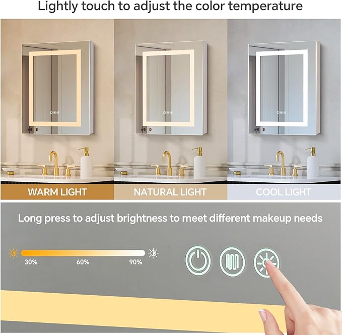 24 x 30 LED Lighted Medicine Cabinet with Lights, Recessed or Surface Wall Mount Medicine Cabinet Mirror for Bathroom with Storage, Outlets & USB, Tempered Glass, 3-Color Dimming, Adjustable Shelf