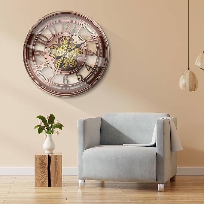 21 Inch Moving Gear Wall Clock for Modern Farmhouse Living Room Decor,Large Industrial Steampunk Wall Clock for Home Office,Metal Red Copper