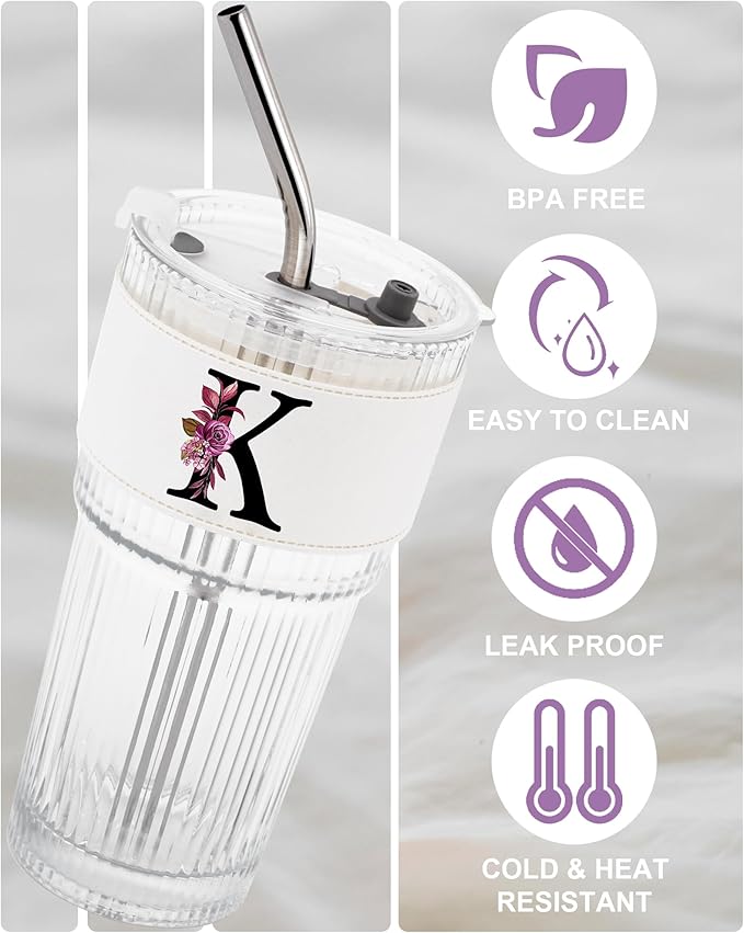 Initial Glass Cup with Lid Straw Ribbed Ice Tea Clear Tumbler Her Sister Coffee Matcha Latte Girlfriend Gf Aunt Best Friend Friendship Bestie Wife Cute Asthetic Unique Birthday Personalized Gift K