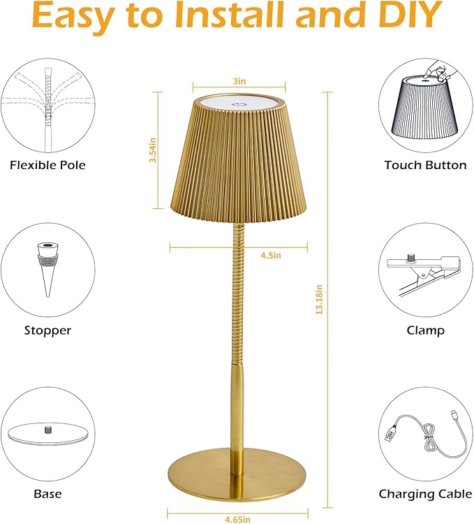 Cordless Table Lamp DIY, 2500mAh Rechargeable & Flexible Desk Lamp, Stepless Dimming Modern Bedside Lamps with 3-Color LED Touch Control, Minimalist Nightstand Lamps for Decor & Gifts (Gold)