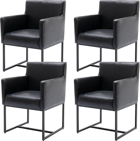 Set of 4 Upholstered Dining Chairs with Armrest, PU Leather Modern Accent Armchairs, Kitchen & Dining Room Chairs Side Chairs, Black