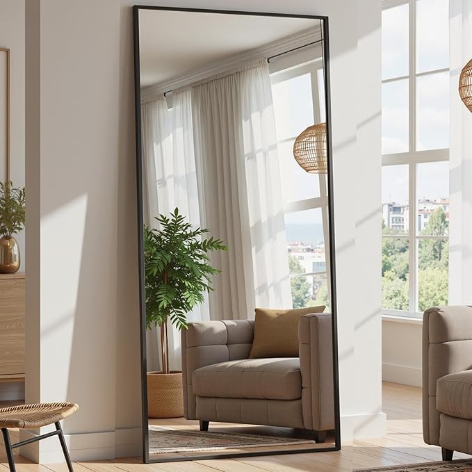 Full Length Mirror, 71"x32" Full Body Mirror, Floor Mirrors with Stand, Body Mirrors Standing Hanging Leaning Against Wall,Aluminum Frame Mirrors for Bedroom Cloakroom,Living Room,Black