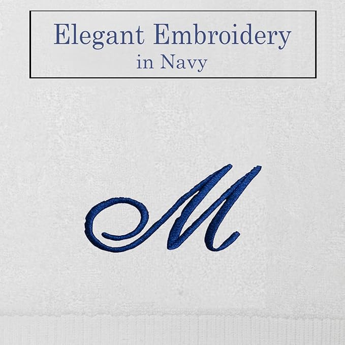 White Monogrammed Hand Towels for Bathroom - Luxury Hotel Quality Personalized Initial Embroidered Towel for Powder Room, Spa - GOTS Organic Certified - Set of 2 Navy Letter M