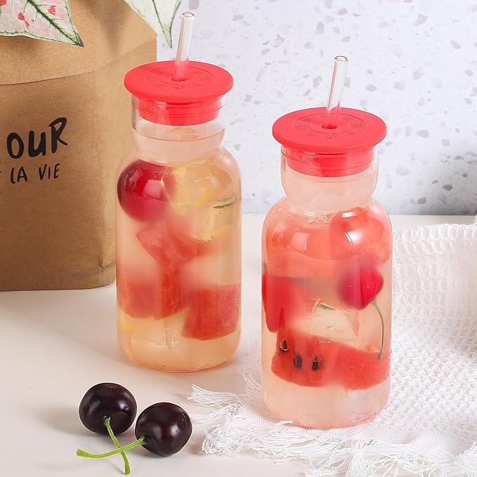 17 oz Glass Cups with Lid and Straw, Glass Tumbler with Straw and Lid, Vintage Glassware for Whiskey Cocktail Beer Juice, Iced Coffee Cups with Lid (4 PACK)