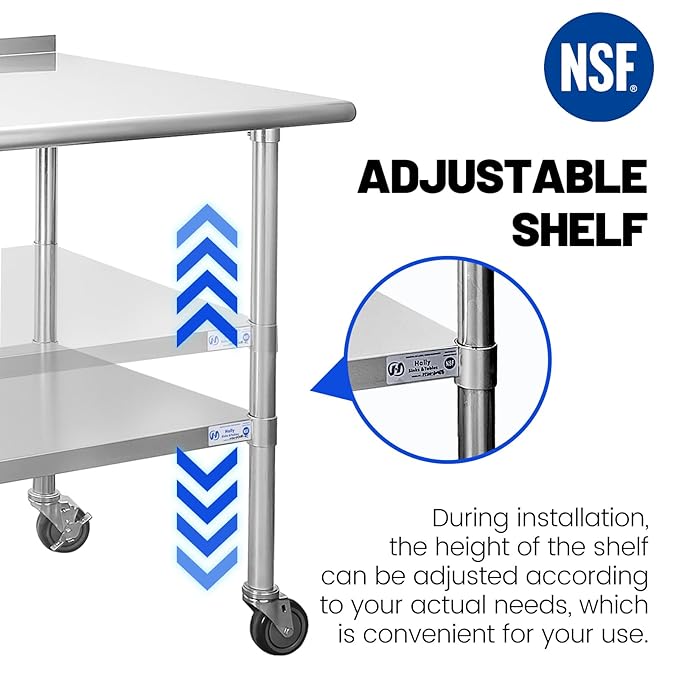Stainless Steel Table for Prep & Work 24 x 72 Inches with Caster Wheels, NSF Commercial Heavy Duty Table with Undershelf and Backsplash for Restaurant, Home and Hotel
