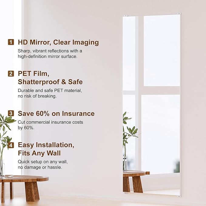 2PCS Full Length Wall Mirror, 71" x 47", Nano Film Material Without Glass, shatterproof, Safe, Lightweight, only 10lbs Easy to Move and Install, for Home Gym, Dance Studio, Yoga Studio.