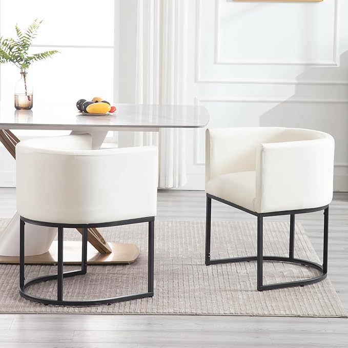 Faux Leather Dining Chair Modern Barrel Arm Chairs with Black Metal Frame, Upholstered Kitchen Chairs 18.5" Wide Accent Chair for Living Room Dining Room Restaurant, White