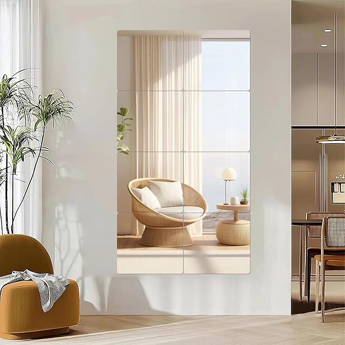 Shatterproof Acrylic Mirror Tiles, 12 Pack 12x12 Inch Self-Adhesive Full Body Wall Mirrors for Bedroom, Home Gym, Bathroom & Living Room, Unbreakable Flexible Mirror Sheets