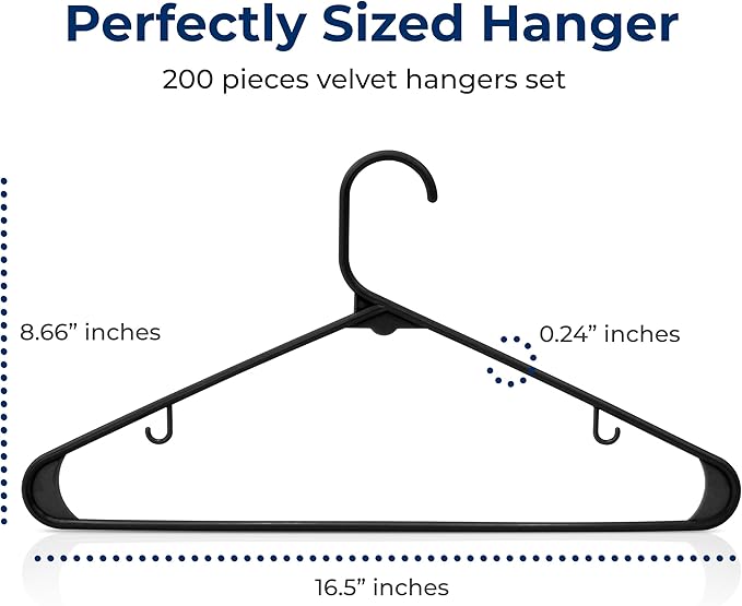 SereneLife 200 Pack Plastic Hangers, Non-Slip, Space-Saving Closet Organizers, Durable and Strong for Shirts, Sweaters, Hoodies, Kids Clothes & Dresses, Ultra-Thin, Lightweight