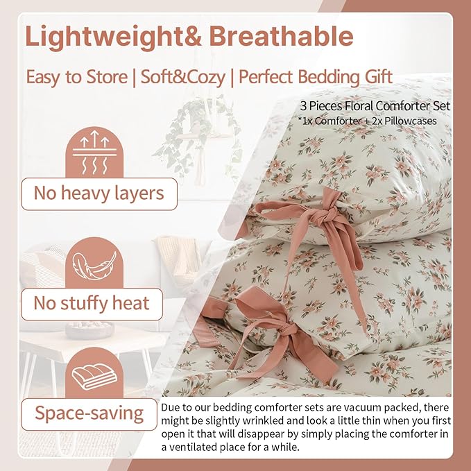 EAVD Vintage Style Pink Floral Comforter Set Twin XL Girls White Fluffy Microfiber Chic Garden Floral Bedding Set with 2 Pillowcases Reversible Fresh Botanical Comforter Set for All-Season