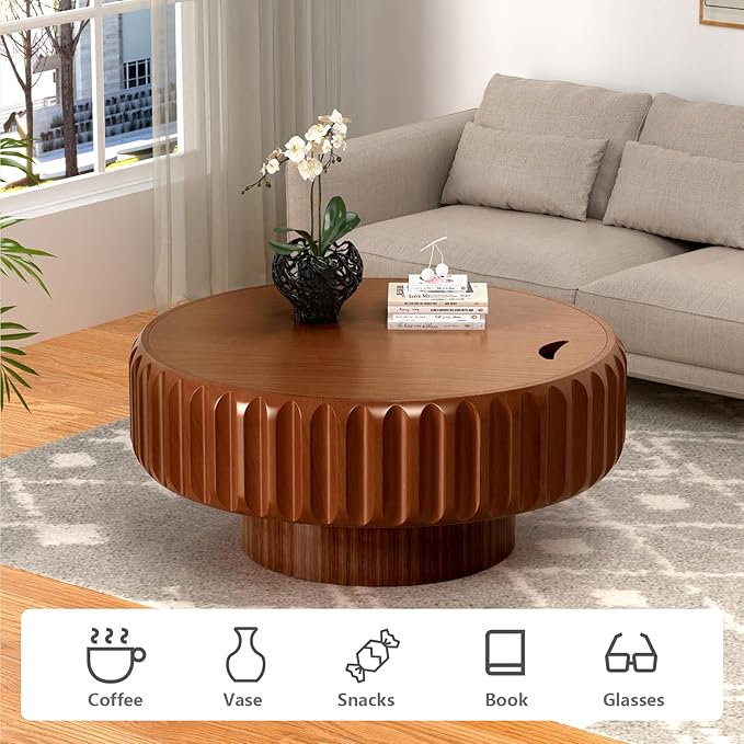 31.5'' Wooden Round Coffee Table with Storage, Modern Luxury Circle Drum Center Tables with Solid Wood Fluted, Accent Round Coffee Table for Living Room Apartment Small Space, Walnut
