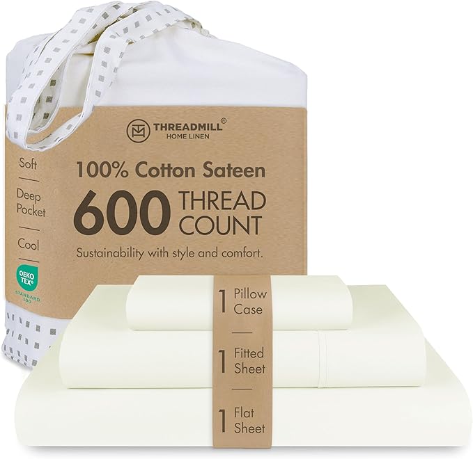 Threadmill 100% Cotton Sheets for Twin XL Size Bed - 600 Thread Count Twin XL Bed Sheets Set with 15” Deep Pocket - Sateen Weave 3-Piece Bedding Set with Cooling Effect, Ivory
