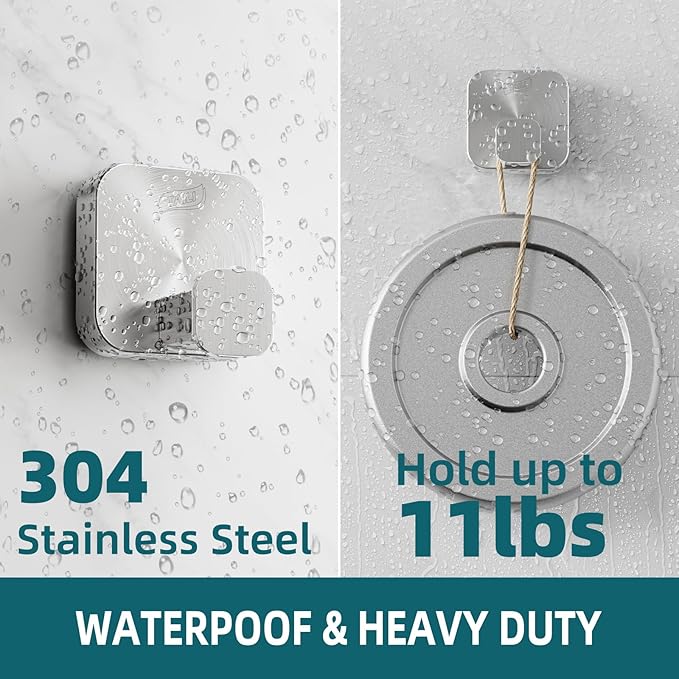TAILI Thickened 304 Stainless Steel Bathroom Suction Hook for Towel, Loofah, Bathrobe, Patented Strong Suction Cup Holder, Damage-free Hanging Glass Shower Wall Hook, Hold Up to 11 Lbs, 2 Pack, Silver