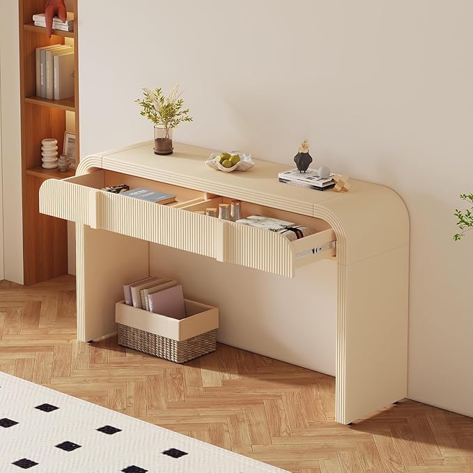 55'' Fluted Console Table with Storage Drawers, Wood Modern Curved Entryway Table with Storage for EntryWay, Hallway, Foyer (Beige)