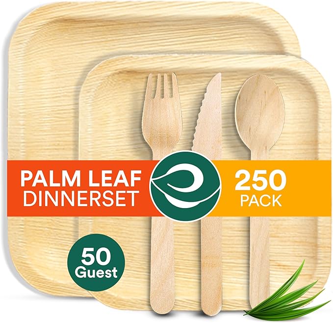 ECO SOUL 100% Compostable Palm Leaf Dinnerware Set of 250 For 50 Guests [10", 6" Square plates, Fork, Knife, Spoon, 50 Count each] | Biodegradable Disposable Utensils for Wedding, Parties, BBQ