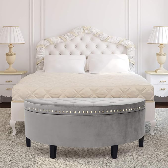 Homebeez 43" Half Moon Storage Ottoman Bench, Lift Top Velvet Storage Ottoman Bench for Bedroom Living Room(Light Gray)