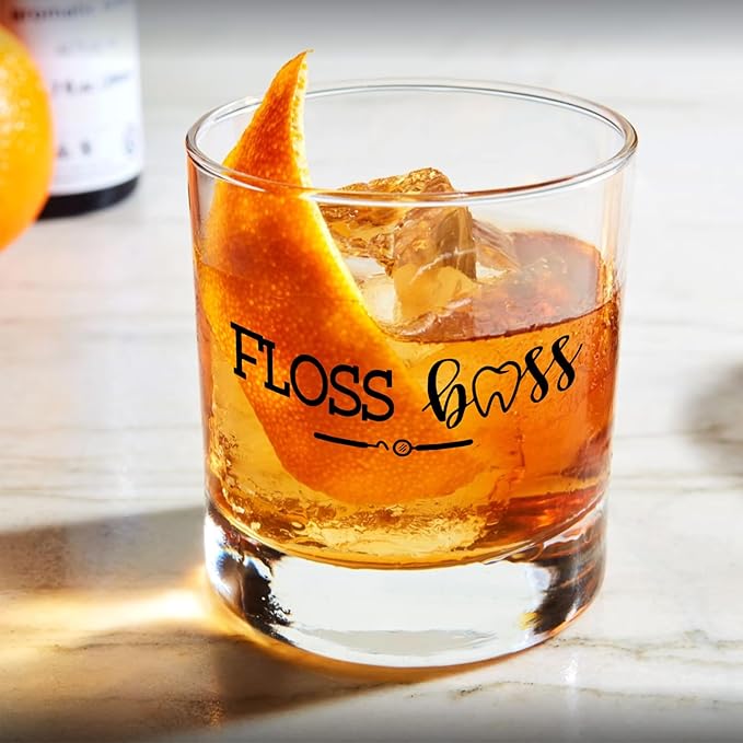 Dentist Gifts Whiskey Glasses 10 oz, Dental Hygienist Assistant Gifts, Floss Boss Dental Old Fashioned Rocks Glasses Cup for Women Men Drinking Scotch Bourbon Liquor