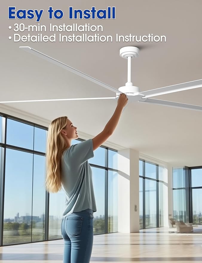 Ceiling Fans Outdoor Waterproof, 84 Inch Industrial Ceiling Fans without Lights, Large White Ceiling Fan No Light with 5 Aluminum Blade, Reverse DC Motor, Outdoor Fans for Patio Shop Garage LivingRoom