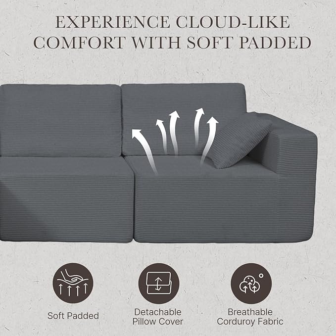 137” Modular Sectional Sofa Couch, 4-Seater U-Shape Sofa with Ottoman, Memory Foam Compressed Sofa, Free Combination Couch for Living Room,No Assembly Needed (Grey, 4 Seats+ 2 Ottoman)