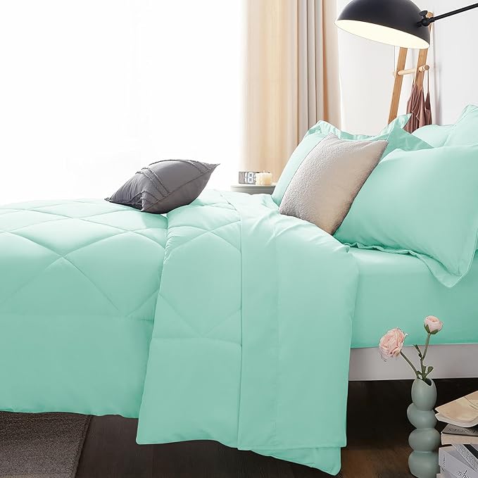 CozyLux King Size Comforter Set Mint Green - 7 Pieces Bed in a Bag King, Luxury Soft Bed Set for All Seasons, Bedding Set with Down Alternative Comforter, Sheets, Pillowcases & Shams