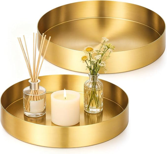 2 Pcs 7 Inch Round Gold Tray, Stainless Steel Metal Decorative Tray Vanity Trays Makeup Organizer, Coffee Table Trays for Jewelry Perfume Candle Kitchen Tableware