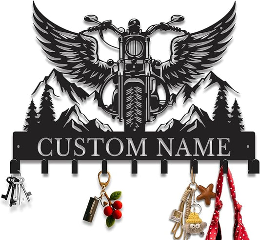 Personalized Motorcycle Metal Key Holder, Custom Last Name Metal Wall Sign, Hanging Storage Rack for Garage and Home Decor (Style-3)
