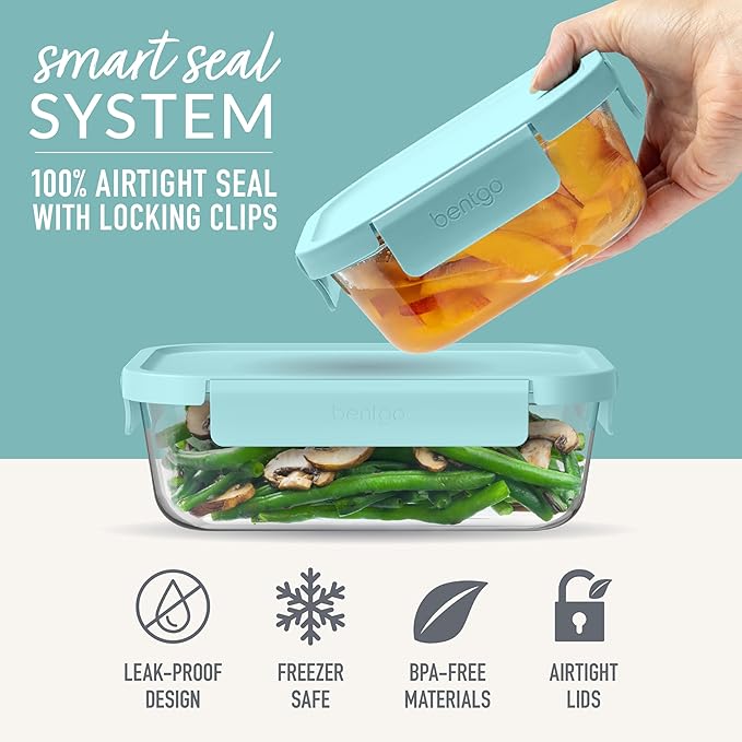Bentgo Glass Leak-Proof Food Storage Set - 4-Piece Glass Containers with BPA-Free Airtight Lids, Reusable & Durable for Leftovers & Meal Prep - Microwave, Freezer, Oven & Dishwasher Safe (Soft Aqua)