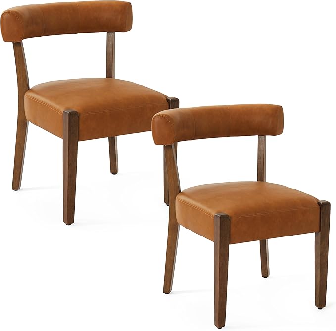 Faux Leather Dining Chairs Set of 2 Upholstered Kitchen & Dining Room Wooden Chairs Mid Century Modern Dining Chairs Low Back, Brown