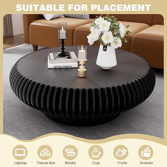 Fluted Round Coffee Table for Living Room 39.37" Modern Drum Coffee Table Mid Century Handcrafted Circle Wood Center Tables with Pedestal for Small Space Apartment (Black Large)