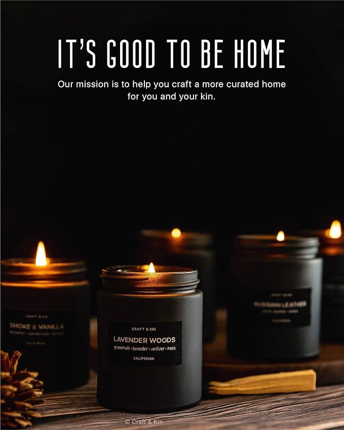 Craft & Kin Premium Smoke & Vanilla Candle | Black Christmas Scented Candles for Men | Long Lasting with 45 Hour Burn Time, 7.6oz | Soy Holiday Candle | Aromatherapy at Home | Gifts for Men