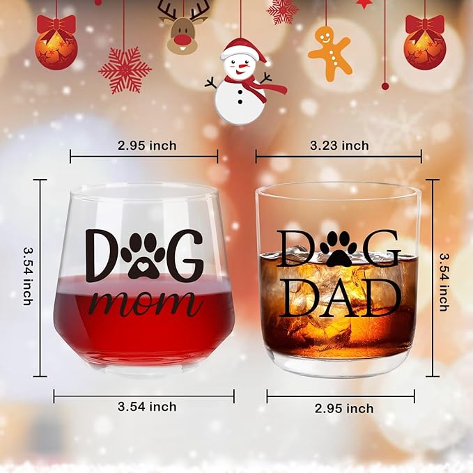 Ithmahco Dog Parent Christmas Gifts, Dog Mom Wine Glass And Dog Dad Whiskey Glass Set For Dog Lovers, Couples Gift For Dog Owners, Dog Mom Gifts For Women, Dog Dad Gifts For Men