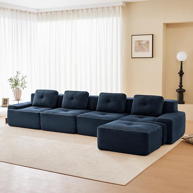 150" Modern Corduroy Cloud Sofa with Ottoman, L Shaped Boneless Modular Large Sectional Couches for Living Room, Blue 4 Seater Compressed Memory Foam Couch, Extra Deep Seat, No Assembly