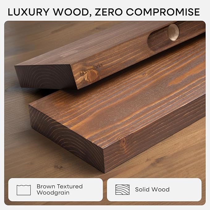Homeforia Classic Walnut 30 inch Floating Shelf, High End Solid Real Wood Small 30inch Floating Shelves for Wall Mounted, 30in Floating Shelves, Heavy Duty Bracket, 30 X 6.5 X 1.75 inches, Set of 4