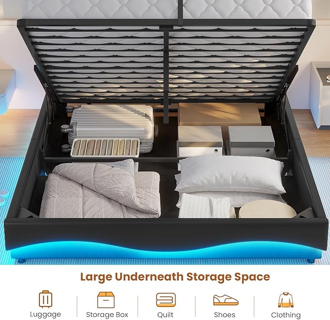 ADORNEVE Lift Up Storage Full Size Bed Frame with Type-C Charging Station& Hidden Storage Headboard, LED Lights Upholstered Platform Bed,Full Bed with Hydraulic, No Box Spring Needed,Black