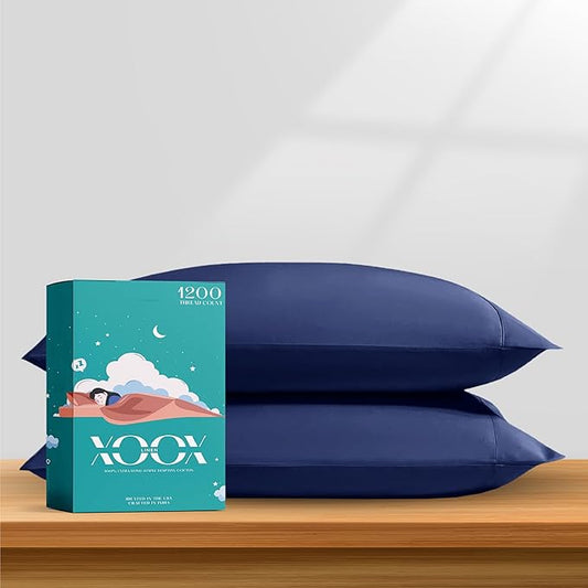 XOOX Linen 100% Egyptian Cotton Pillow Cases Standard/Queen Size Set of 2 - Luxury 1200 Thread Count Sateen Navy Blue Pillow Cases, Silky Soft Cooling Pillowcases Fits Standard & Queen Size Pillows