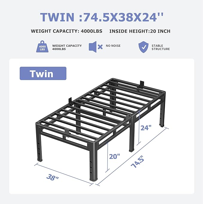 NKZ 24 Inch Twin Size Bed Frame, Metal Bed Frame & Box Spring 2 in 1 Platform with Round Corner Legs, 4000Lbs Heavy Duty Metal Frame, Mattress Slide Stopper, Headboard Hole, Noise-Free, Easy Assembly